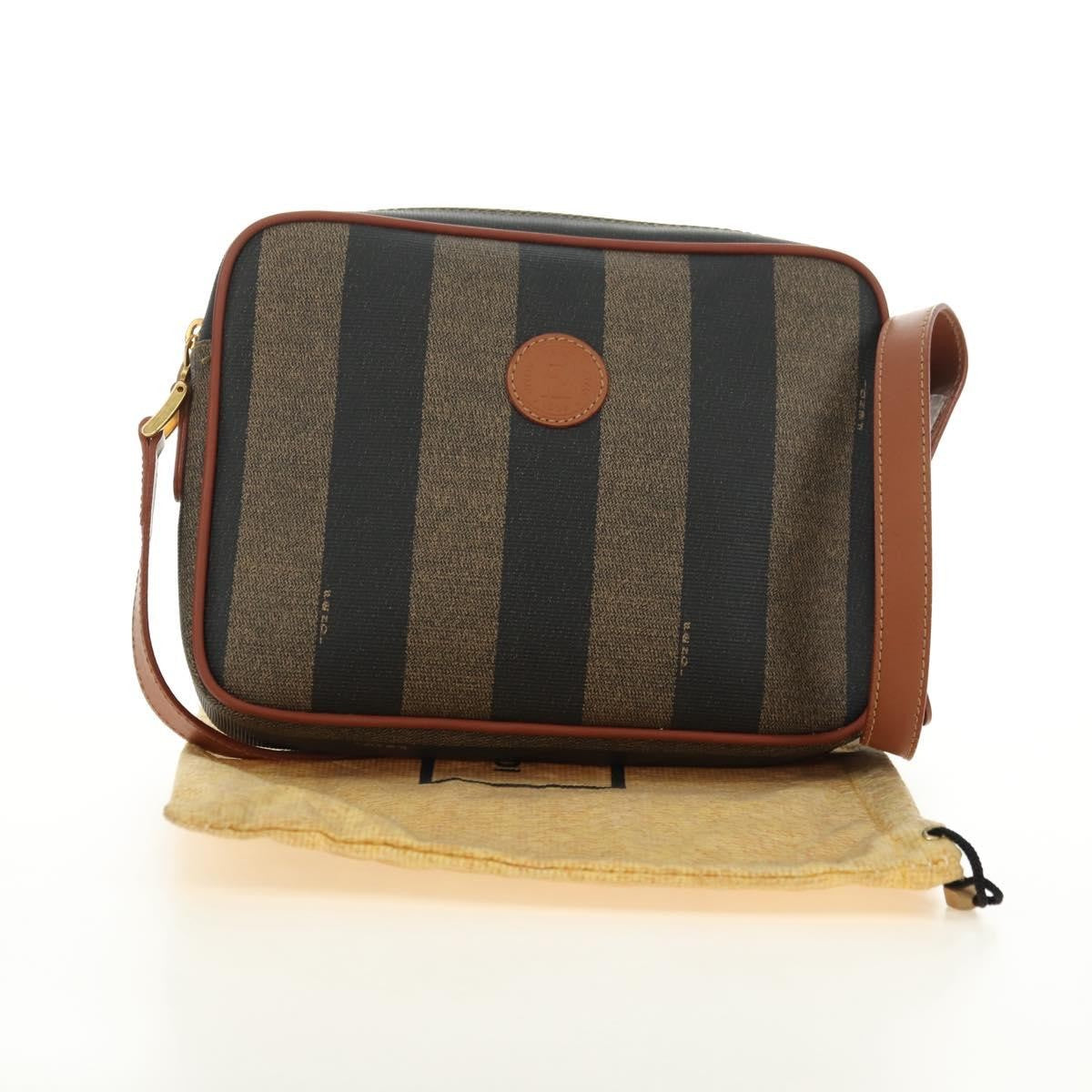 Fendi Vintage Pequin Coated Canvas, Brown, Canvas, Tote Bag