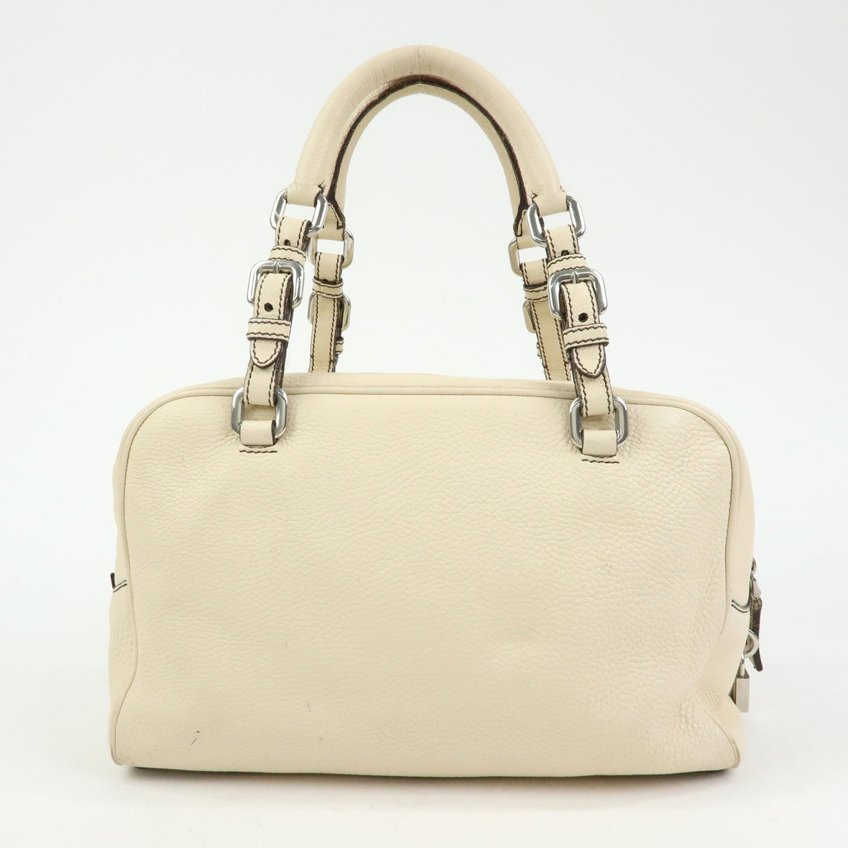 Prada Embossed Logo Bauletto Vitello Daino, Beige, Leather, Handbag