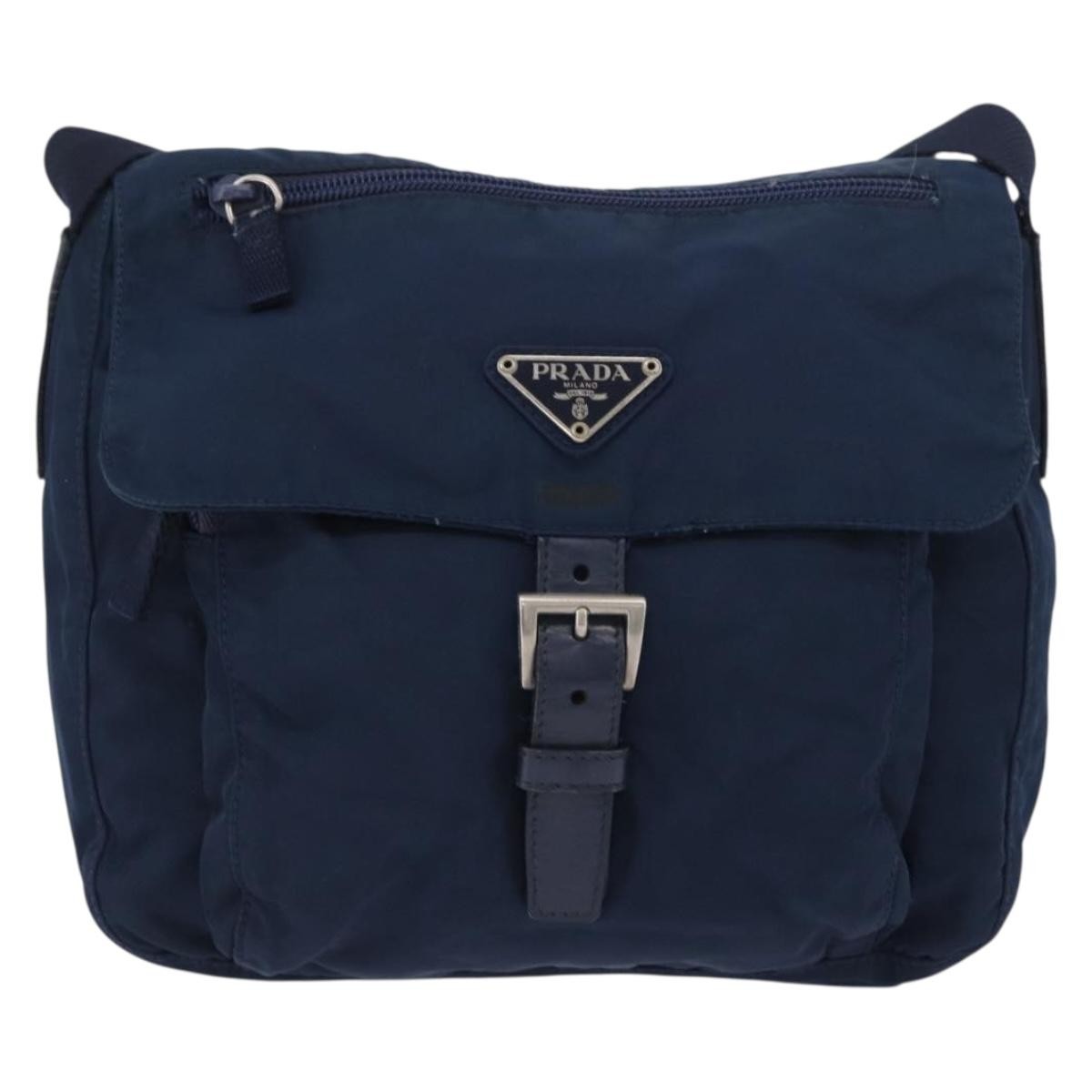 Prada Buckle Messenger Tessuto, Navy, Nylon, Handbag