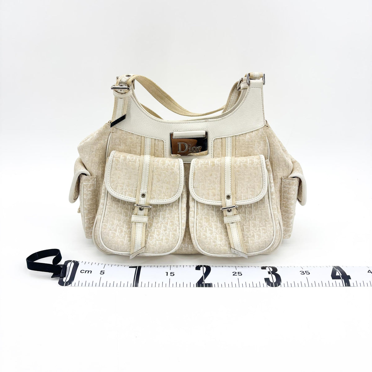 Christian Dior Vintage Trotter Street Chic Pocket Hobo Diorissimo Canvas, White, Canvas, Shoulder Bag
