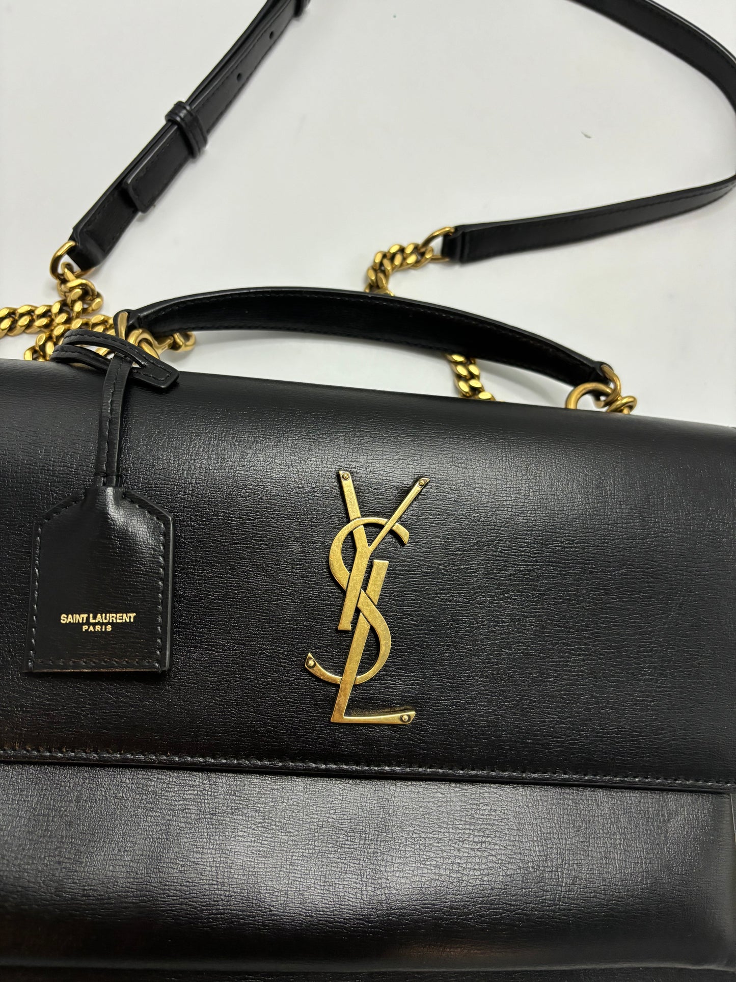 Saint Laurent Sunset Top Handle Chain Leather, Black, Leather, Handbag