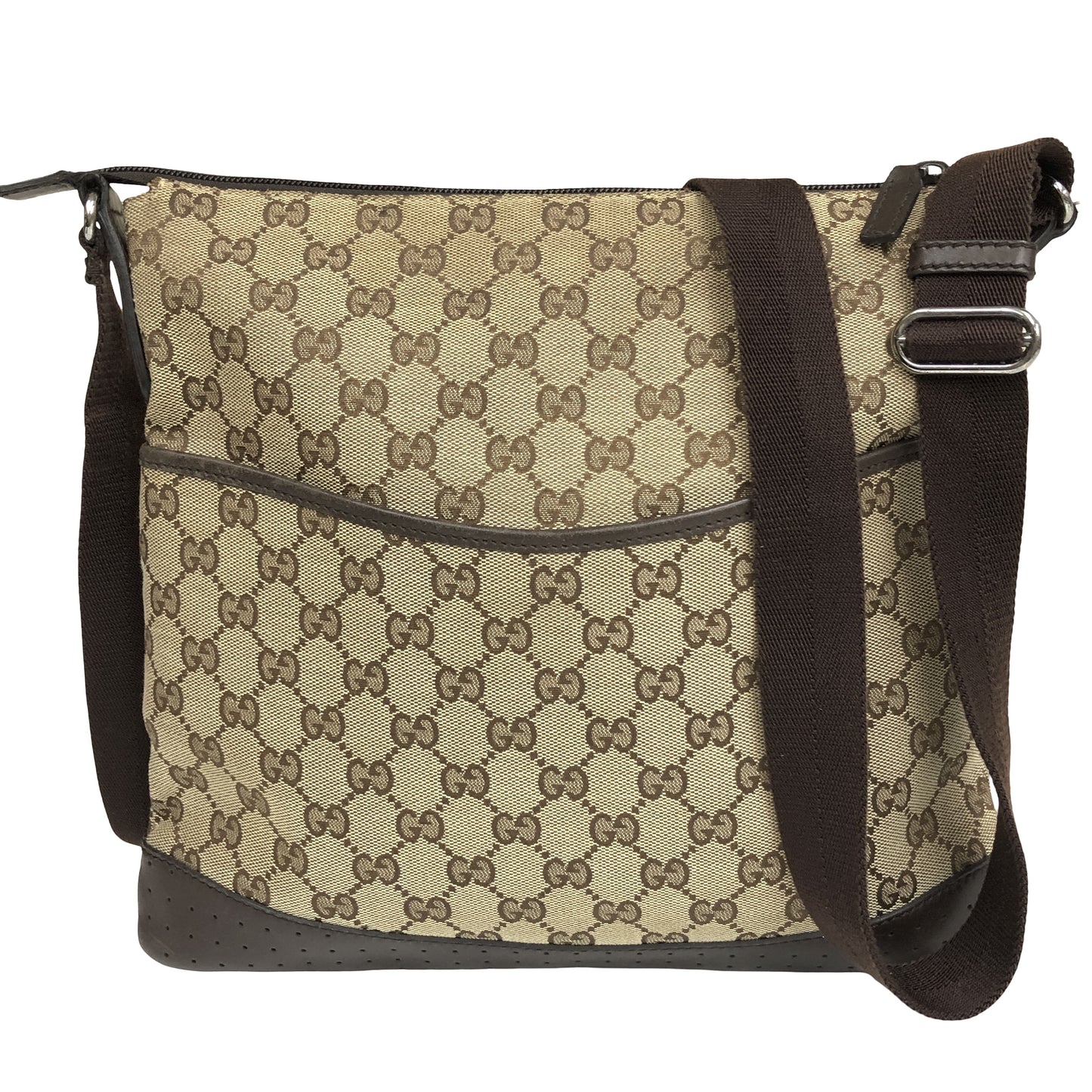 Gucci Zip Messenger GG Canvas with Perforated Leather, Beige, Canvas, Shoulder Bag