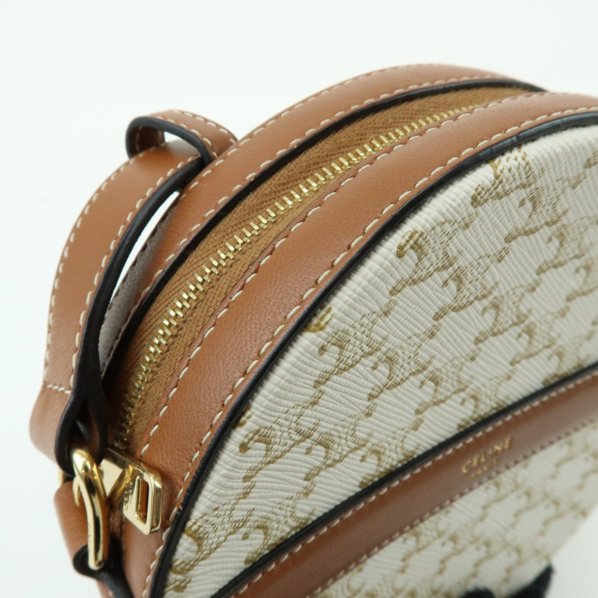 Celine Round Purse on Strap Triomphe Coated Canvas, Beige, Canvas, Crossbody Bag