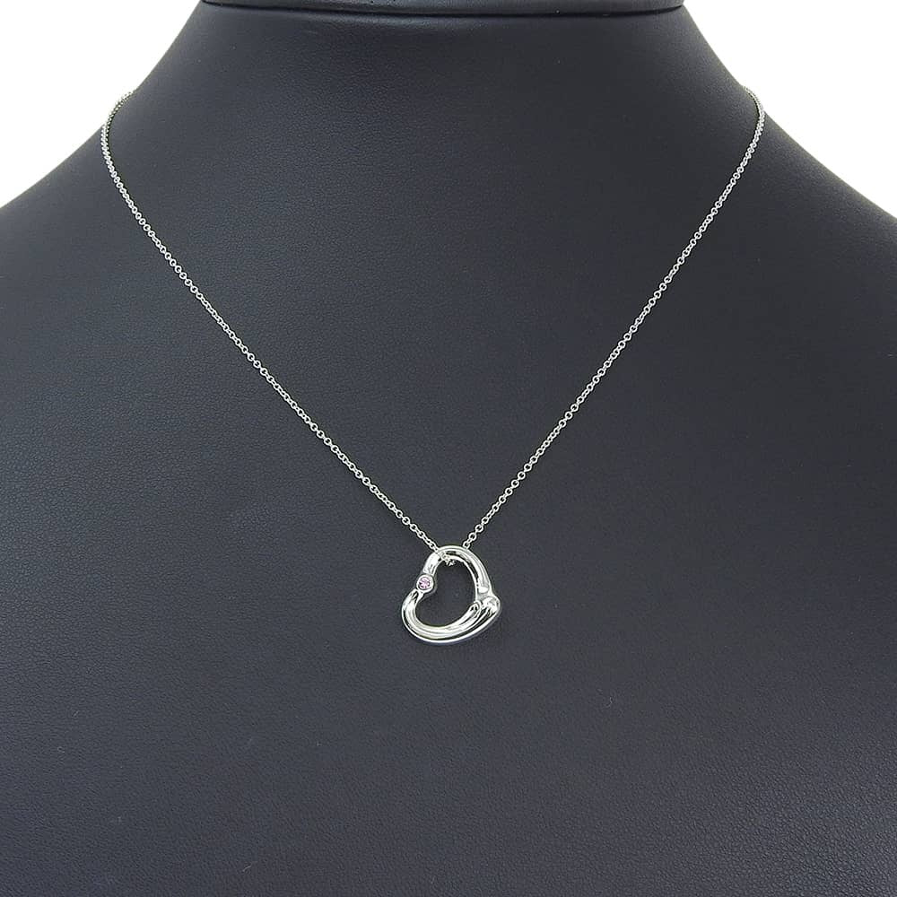 Tiffany & Co. Elsa Peretti Open Heart Pendant Sterling Silver with Pink Sapphire, Silver, Silver, Necklace