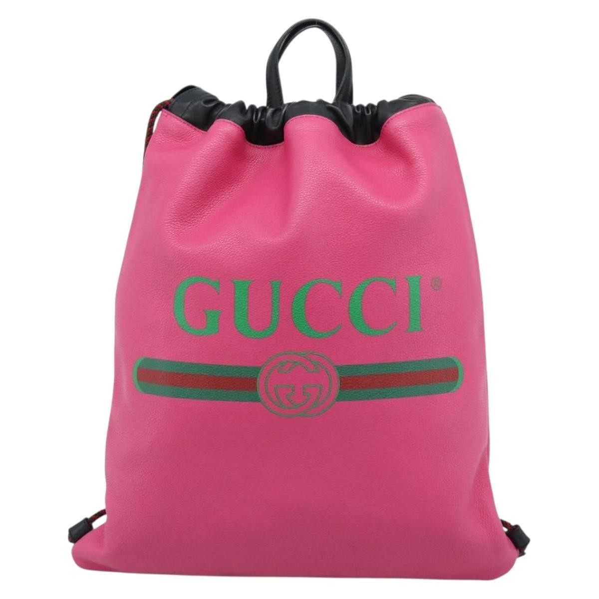 Gucci Logo Drawstring Printed Leather, Pink, Leather, Backpack