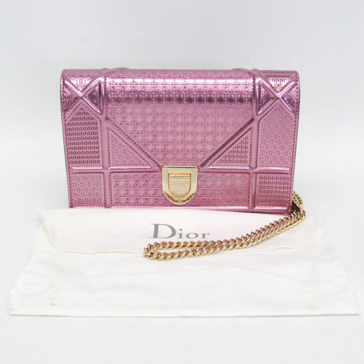 Christian Dior Diorama Wallet on Chain Metallic Distressed Calfskin, Pink, Patent Leather, Crossbody Bag