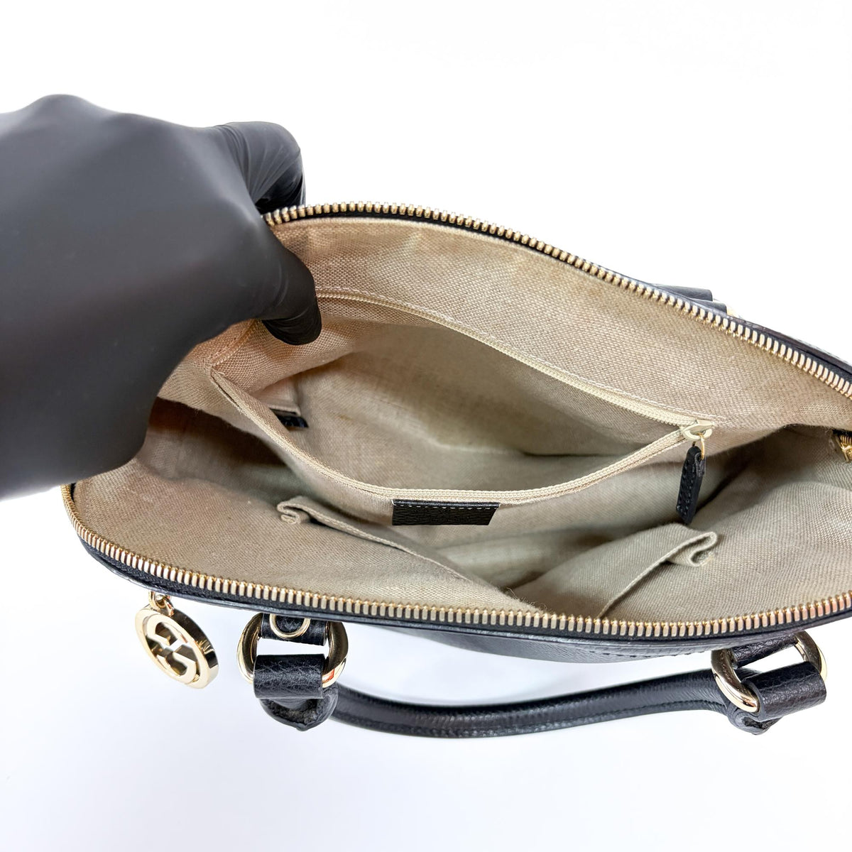 Gucci Dome Bowler GG Suede, Black, Leather, Handbag