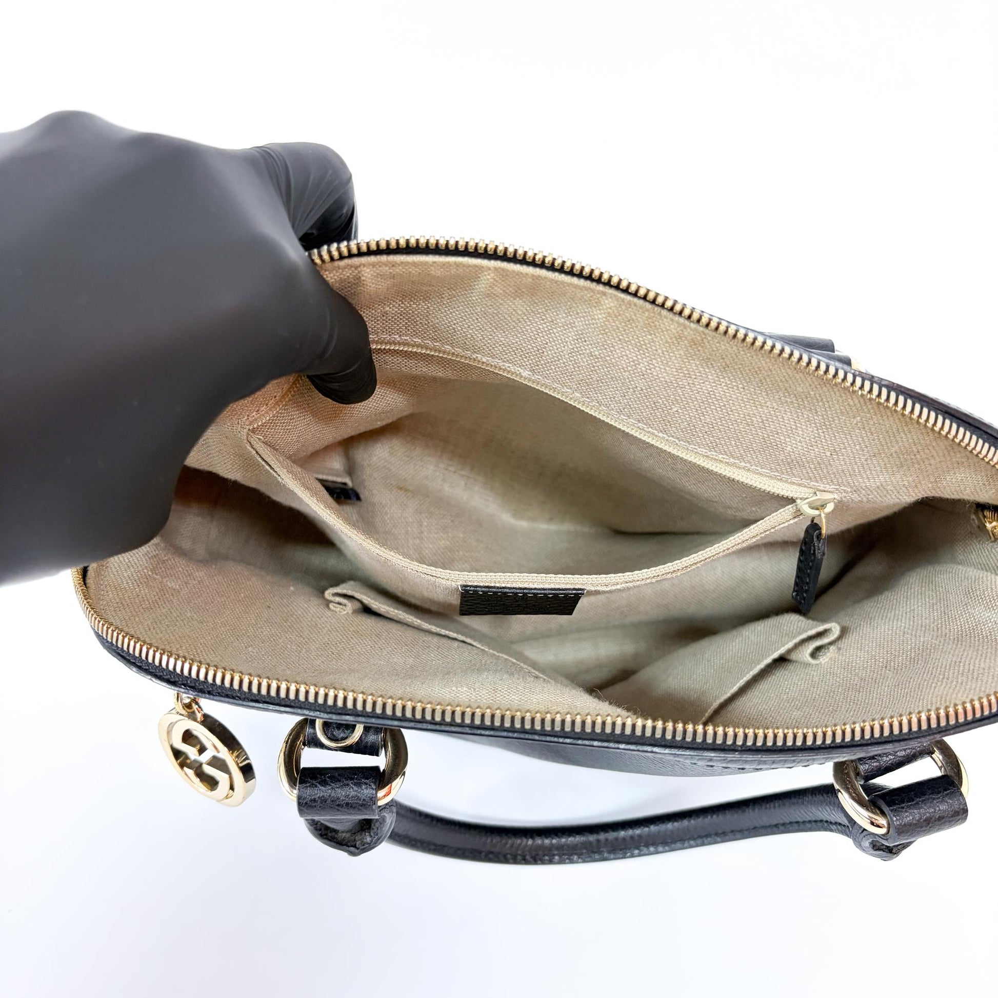 Gucci Dome Bowler GG Suede, Black, Leather, Handbag