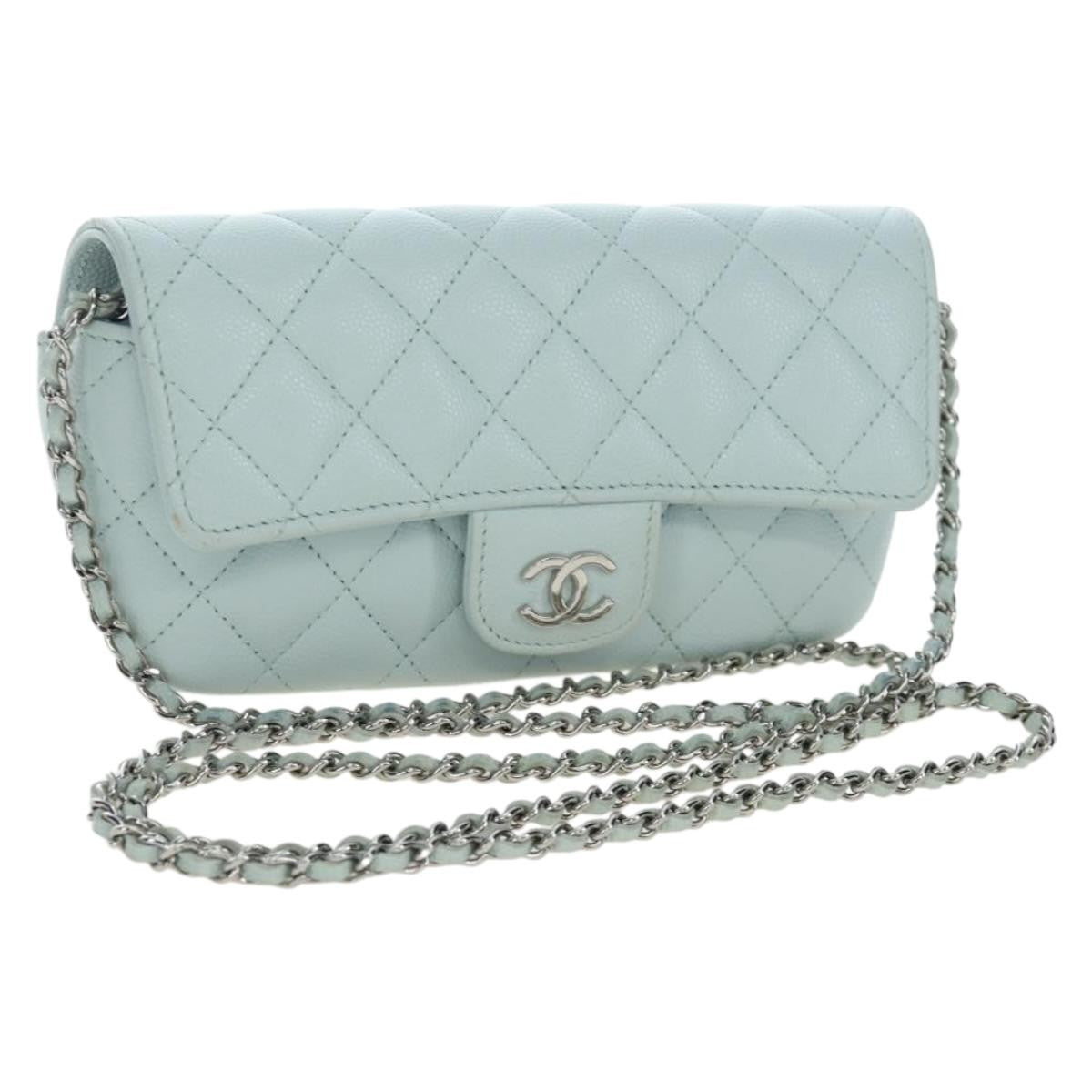 Chanel Classic Sunglasses Case with Chain Quilted Caviar, Blue, Calfskin, Clutch