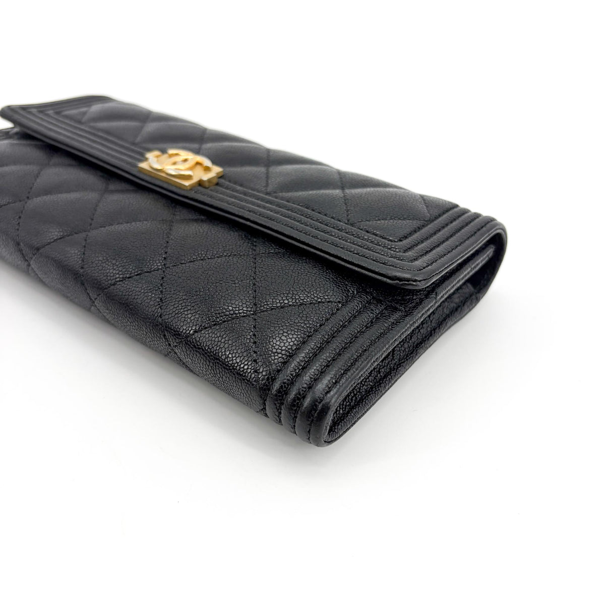 Chanel Boy Flap Quilted Caviar, Black, Leather, Wallet