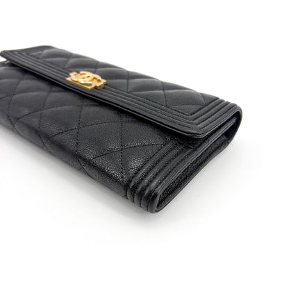 Chanel Boy Flap Quilted Caviar, Black, Leather, Wallet