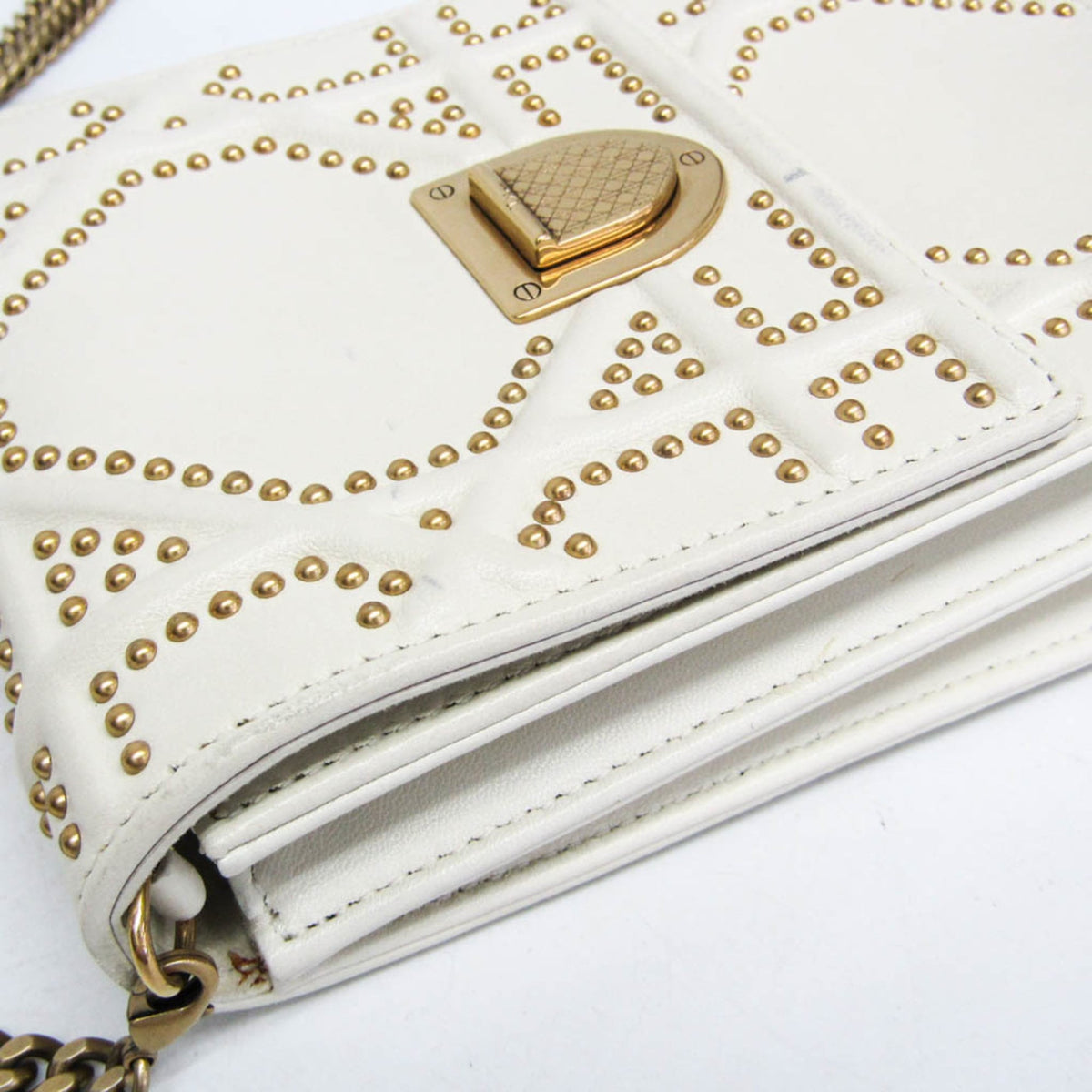 Christian Dior Diorama Vertical Clutch on Chain Studded Leather, White, Leather, Clutch