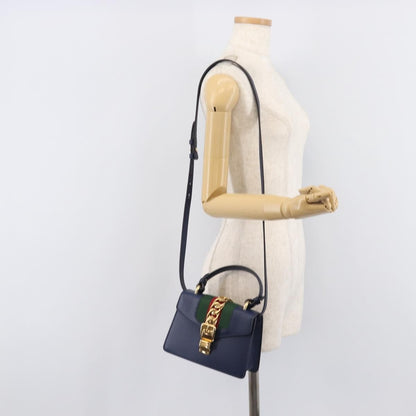 Gucci Sylvie Top Handle Leather, Navy, Leather, Handbag