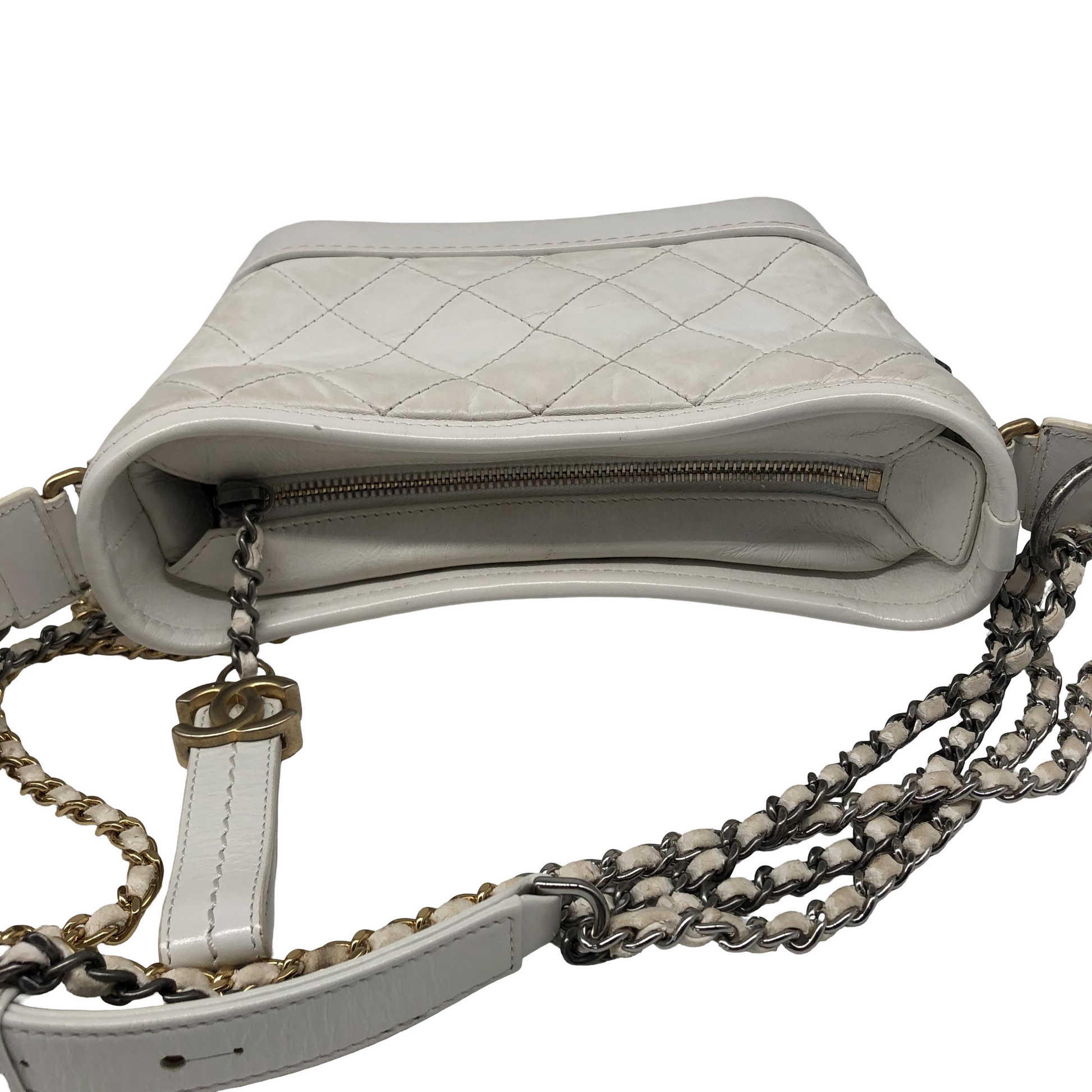Chanel Gabrielle Hobo Quilted Aged Calfskin, White, Calfskin, Shoulder Bag