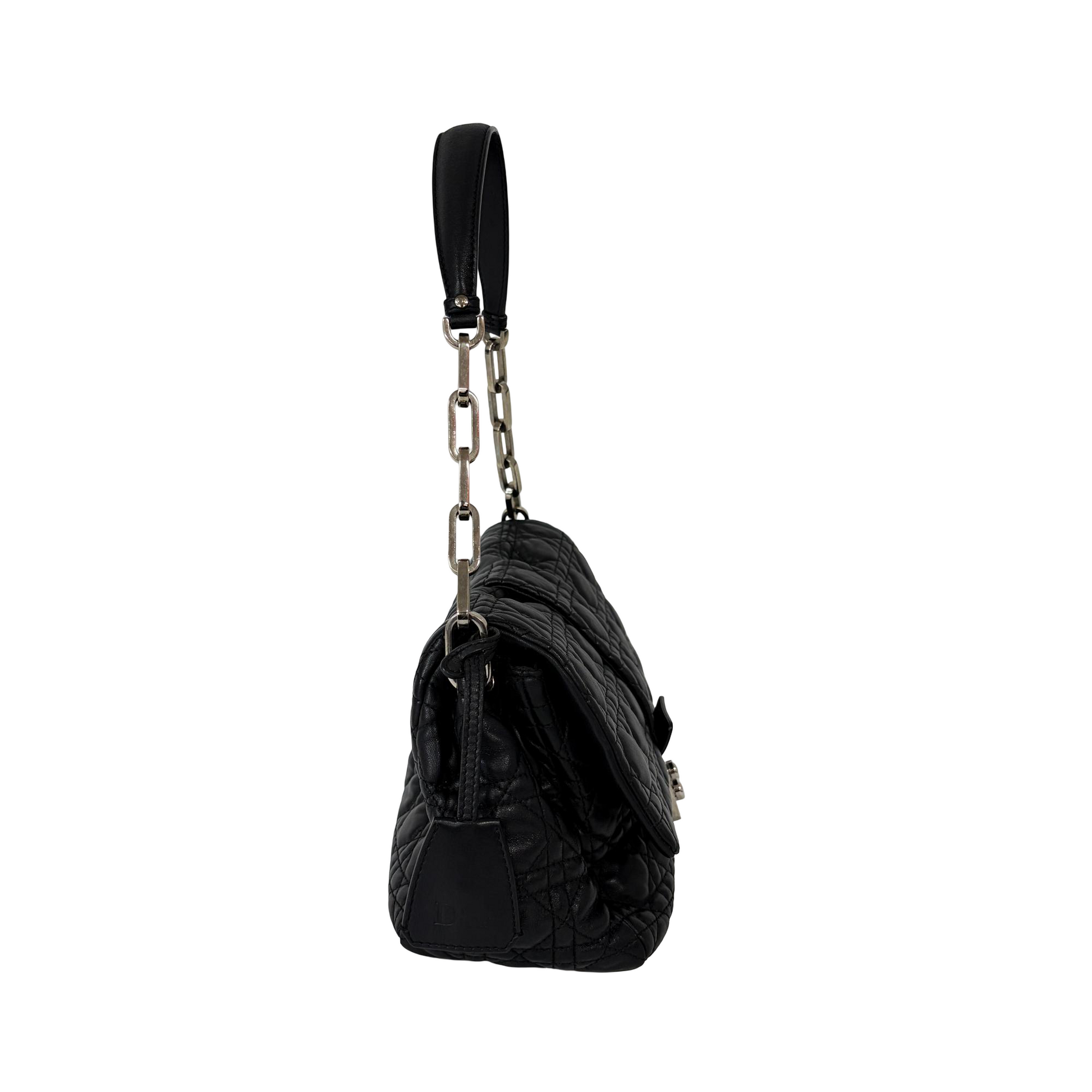 Christian Dior New Lock Flap Cannage Quilt Lambskin, Black, Leather, Handbag