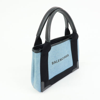 Balenciaga Navy Cabas Coated Denim with Leather, Blue, PVC, Tote Bag