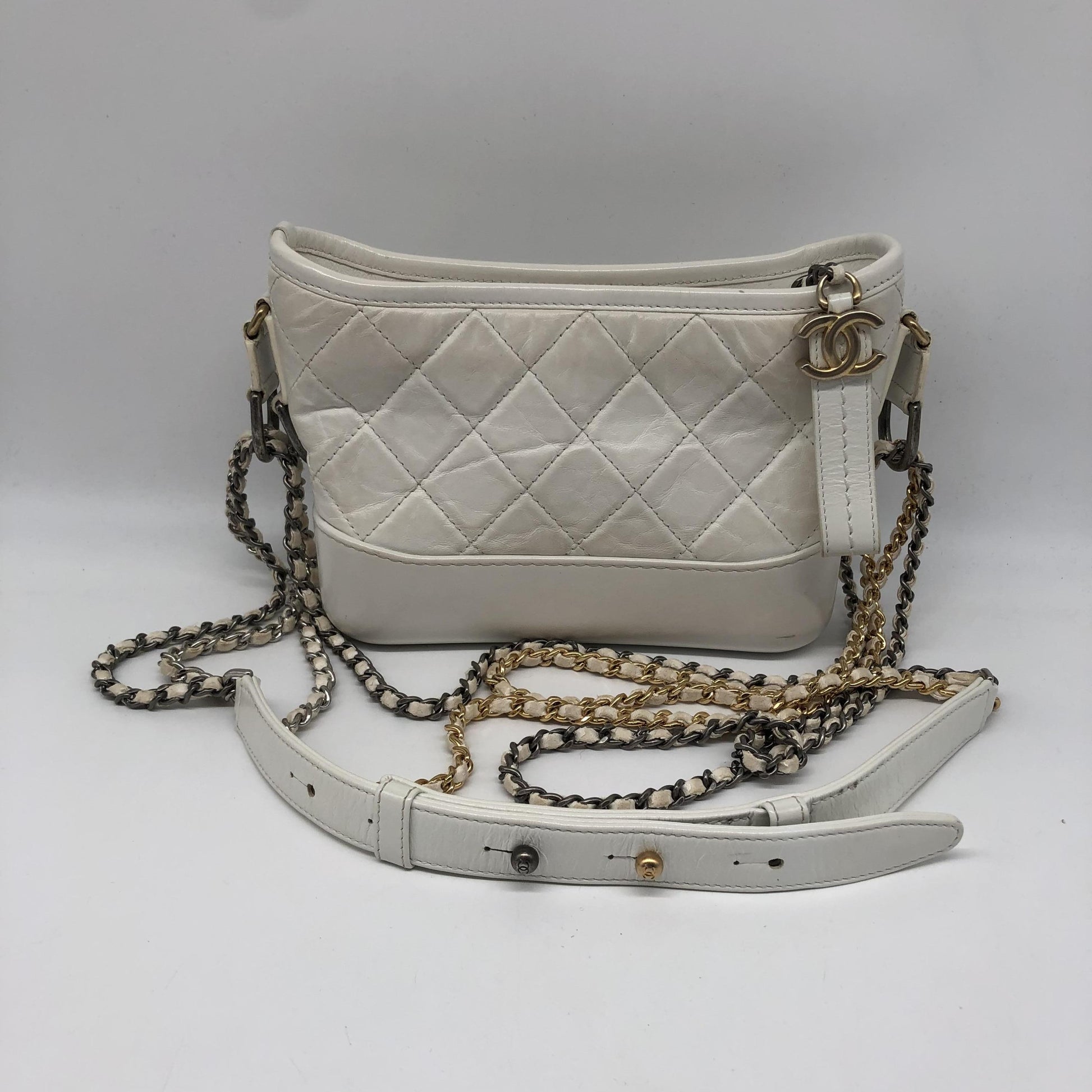 Chanel Gabrielle Hobo Quilted Aged Calfskin, White, Calfskin, Shoulder Bag