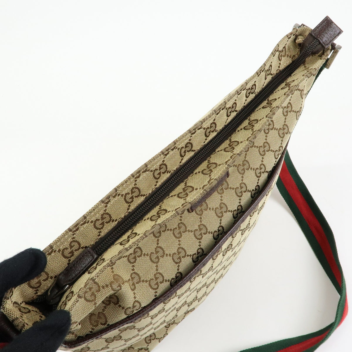 Gucci Web Strap Messenger GG Canvas, Beige, Canvas, Handbag