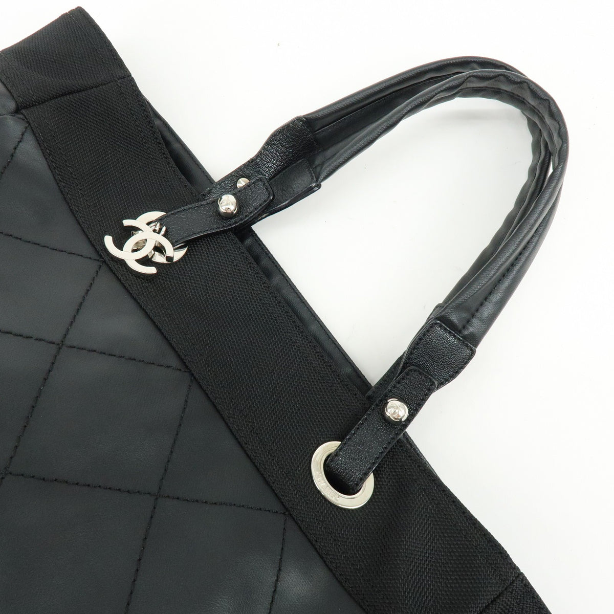 Chanel Biarritz Quilted Coated Canvas, Black, Leather, Tote Bag