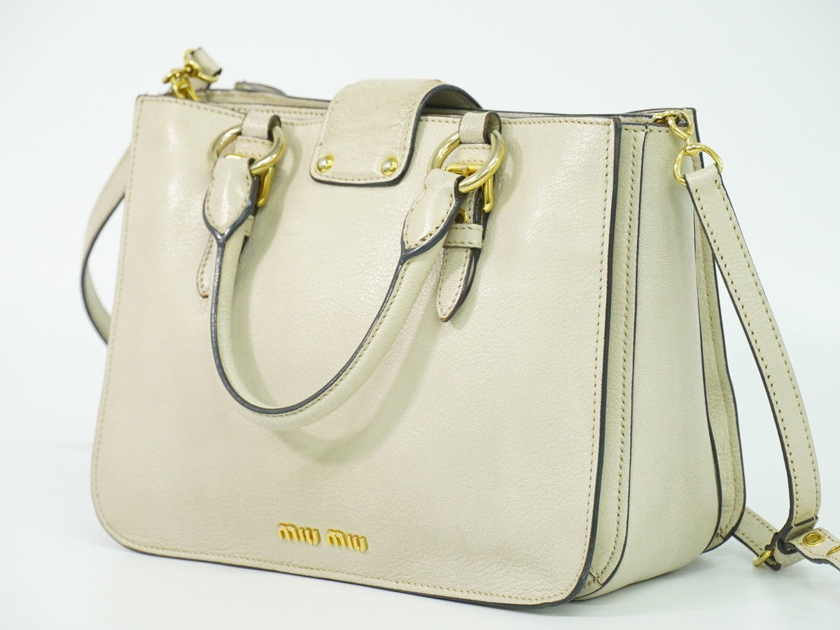 Miu Miu Madras Convertible Lock Leather, Beige, Leather, Tote Bag