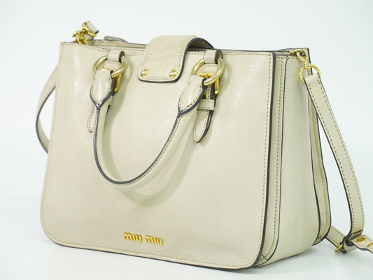 Miu Miu Madras Convertible Lock Leather, Beige, Leather, Tote Bag