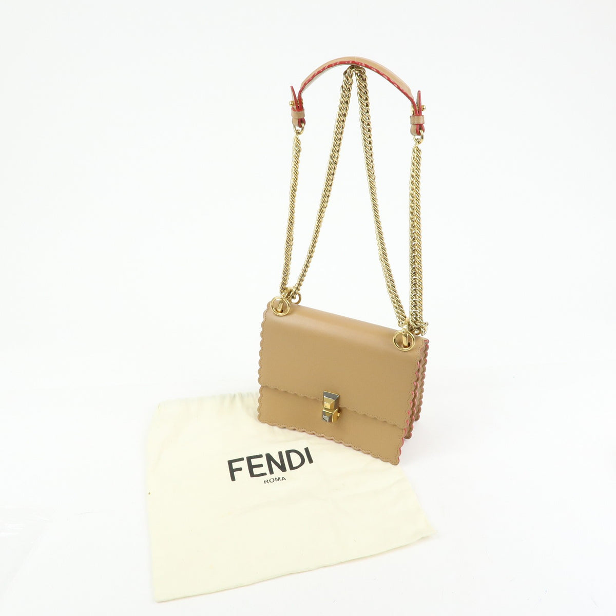 Fendi Kan I Leather, Beige, Leather, Shoulder Bag