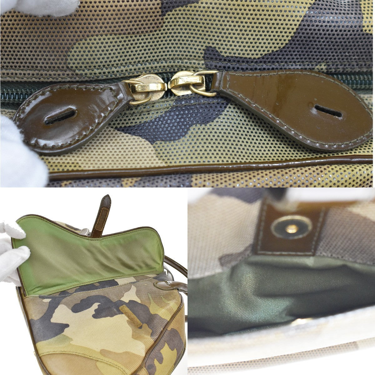 Christian Dior Vintage Saddle Bowler Camouflage Printed Pixelated Leather, Khaki, Canvas, Handbag