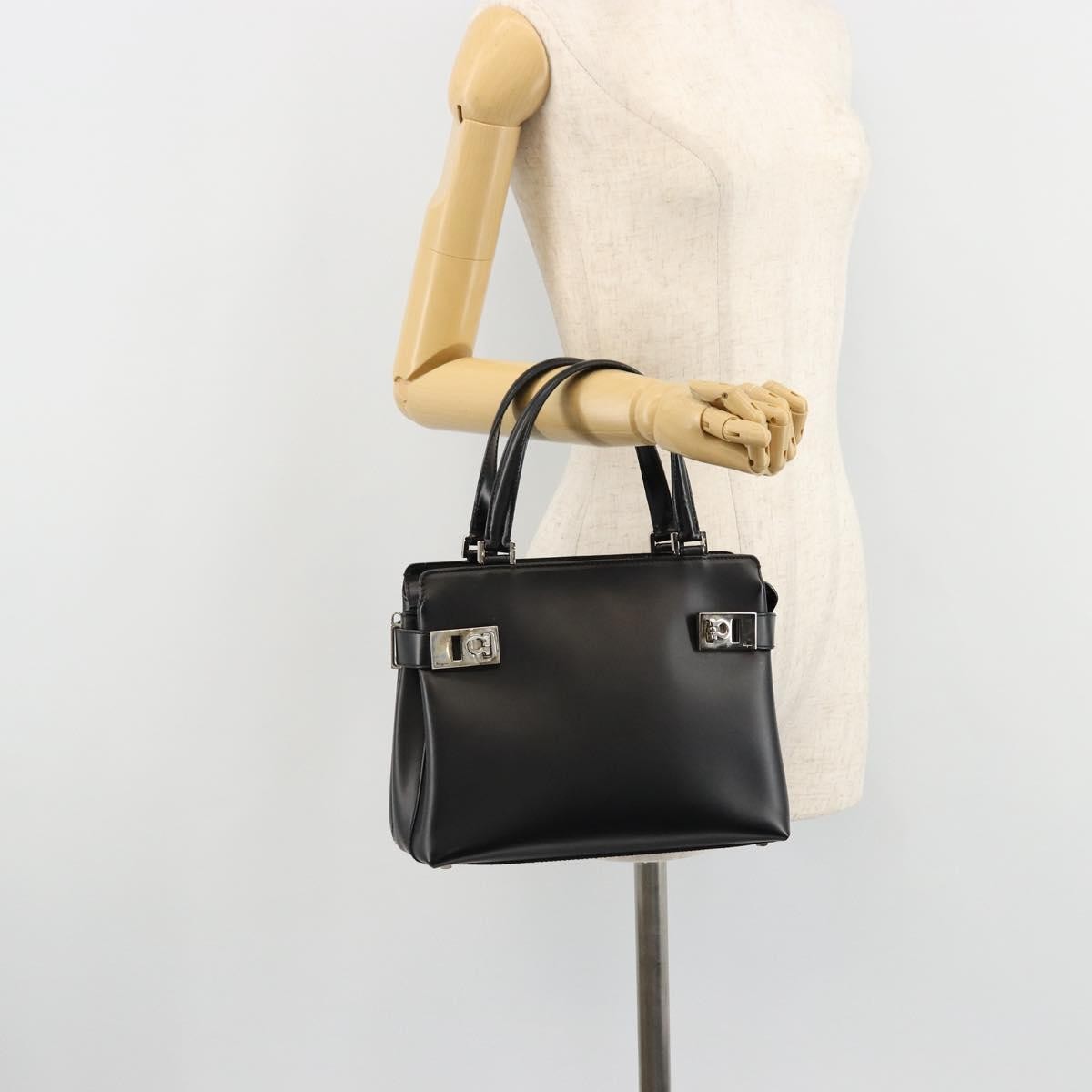 Salvatore Ferragamo Double Gancini Side Buckle Leather, Black, Leather, Tote Bag
