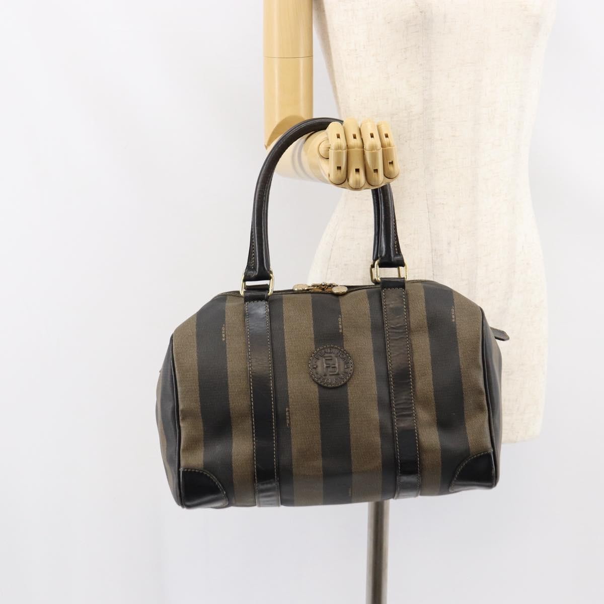 Fendi Vintage Pequin Boston Coated Canvas, Brown, Canvas, Handbag