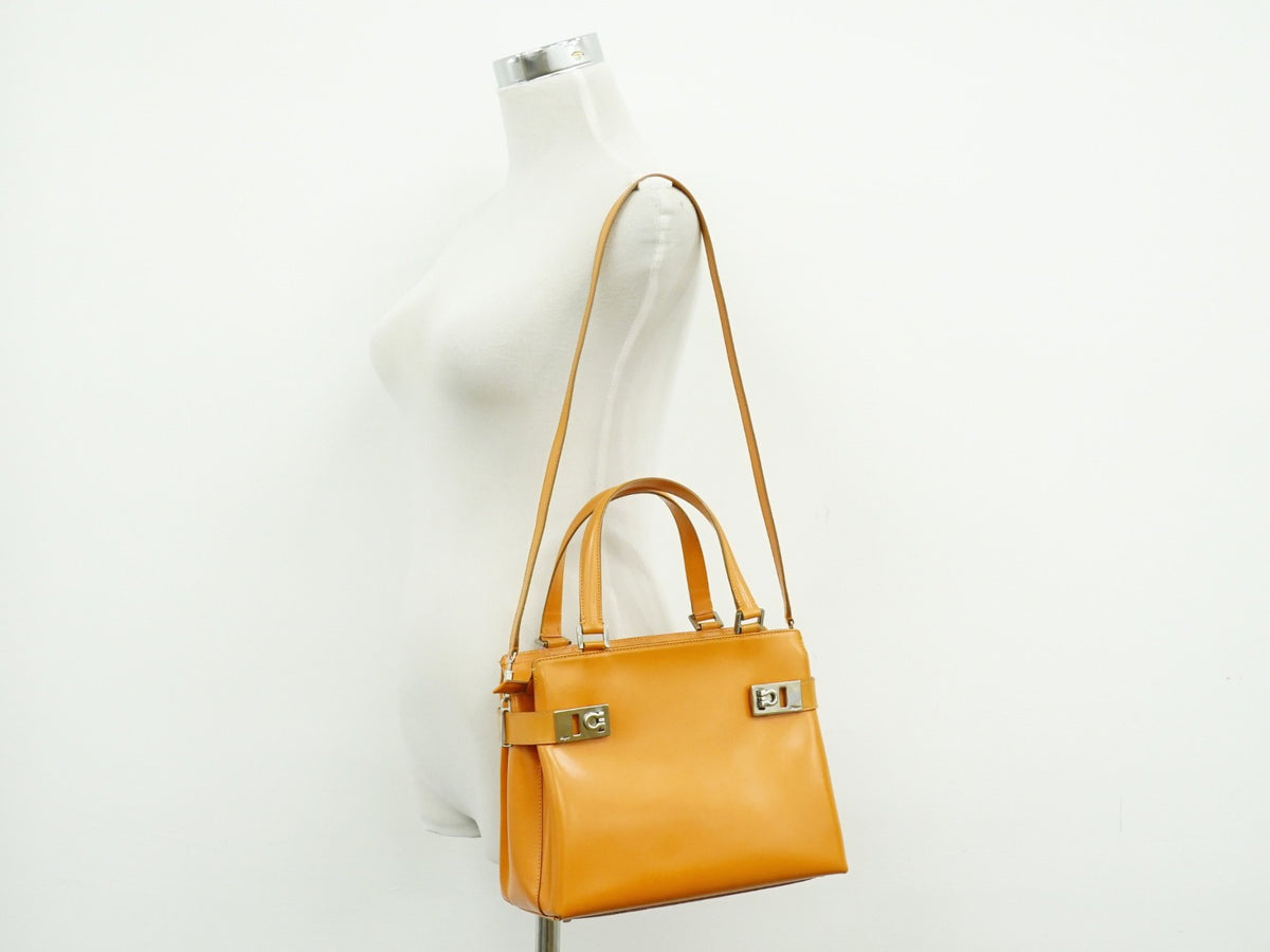Salvatore Ferragamo Double Gancini Side Buckle Leather, Orange, Leather, Tote Bag
