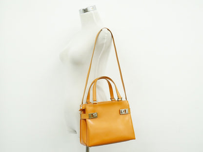 Salvatore Ferragamo Double Gancini Side Buckle Leather, Orange, Leather, Tote Bag