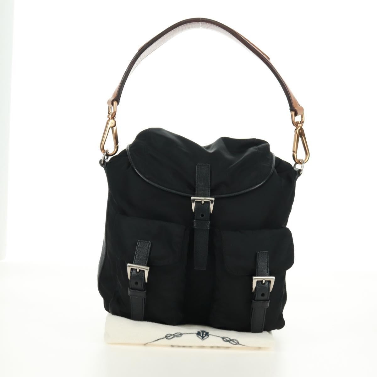 Prada Double Pocket Drawstring Tessuto, Black, Nylon, Shoulder Bag