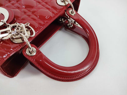 Christian Dior Lady Dior Patent, Red, Patent Leather, Handbag
