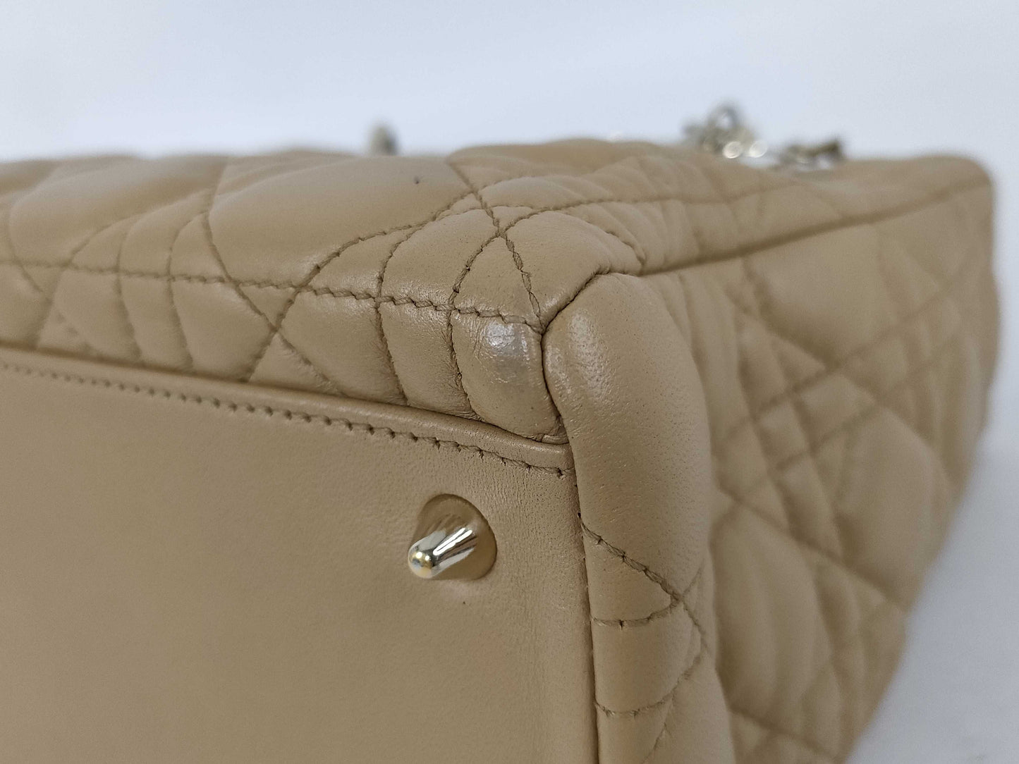 Christian Dior Lady Dior Cannage Quilt Lambskin, Beige, Leather, Handbag