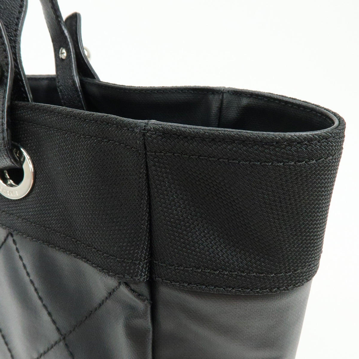 Chanel Biarritz Quilted Coated Canvas, Black, Leather, Tote Bag