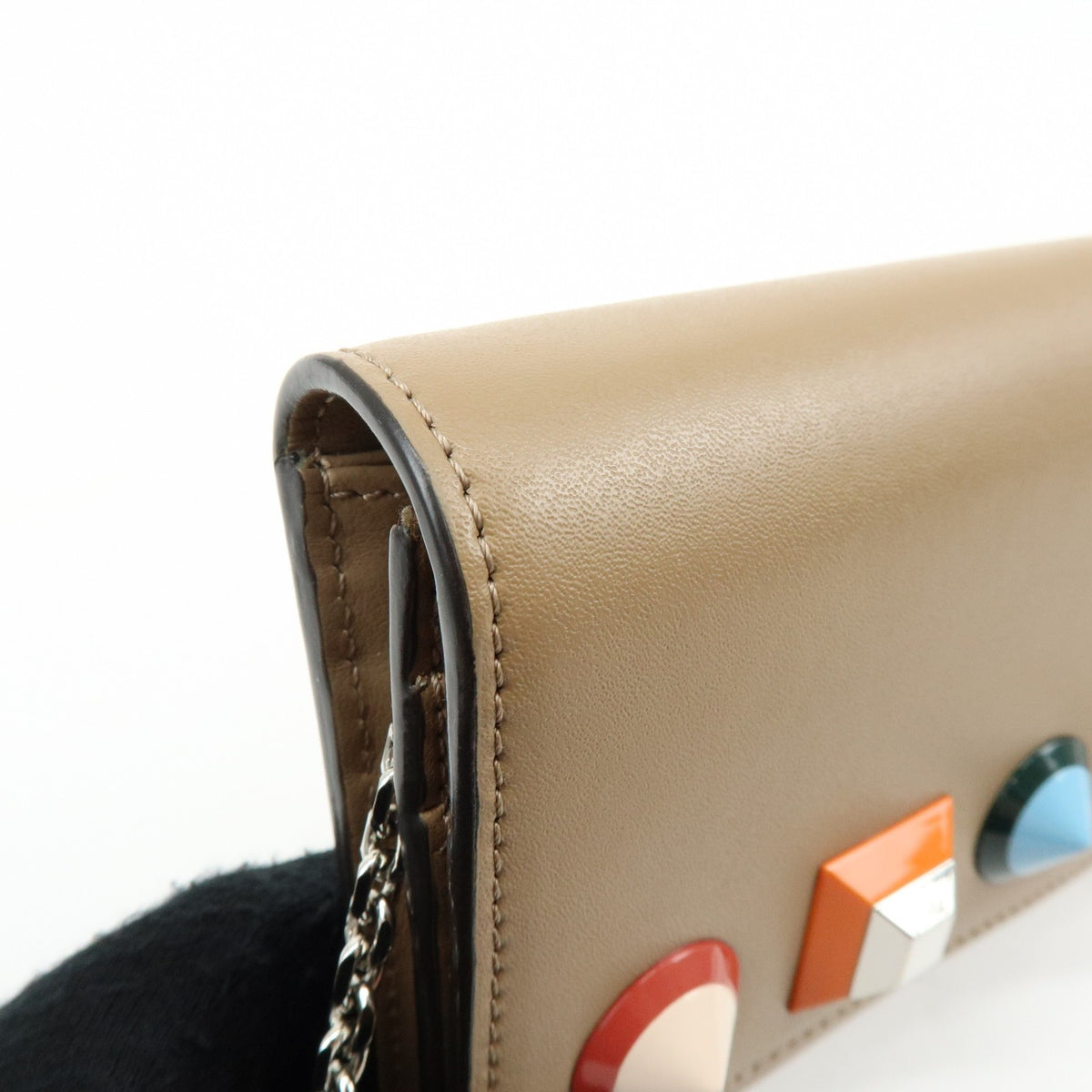 Fendi Continental Wallet on Chain Studded Leather, Beige, Leather, Crossbody Bag