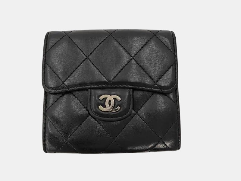 Chanel Trifold Flap Lambskin, Black, Leather, Wallet