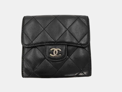 Chanel Trifold Flap Lambskin, Black, Leather, Wallet