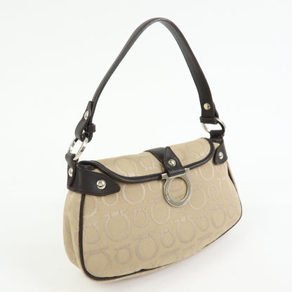 Salvatore Ferragamo Gancini Handle Leather, Beige, Canvas, Tote Bag