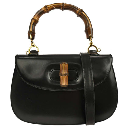 Gucci Vintage Convertible Bamboo Top Handle Leather, Black, Leather, Handbag