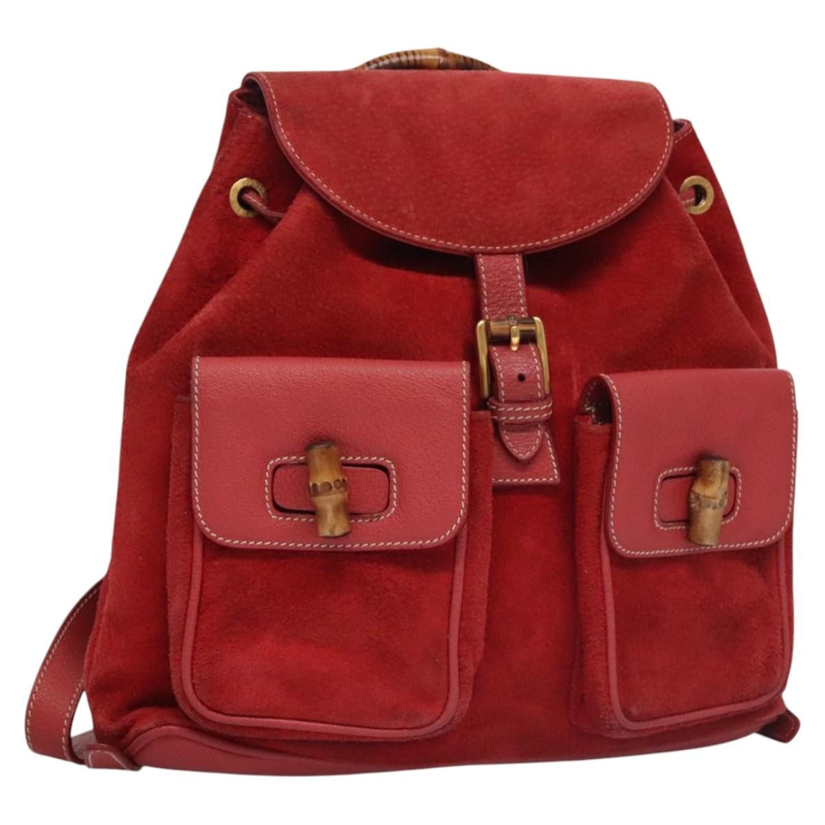 Gucci Vintage Bamboo Suede and Leather, Red, Suede, Backpack