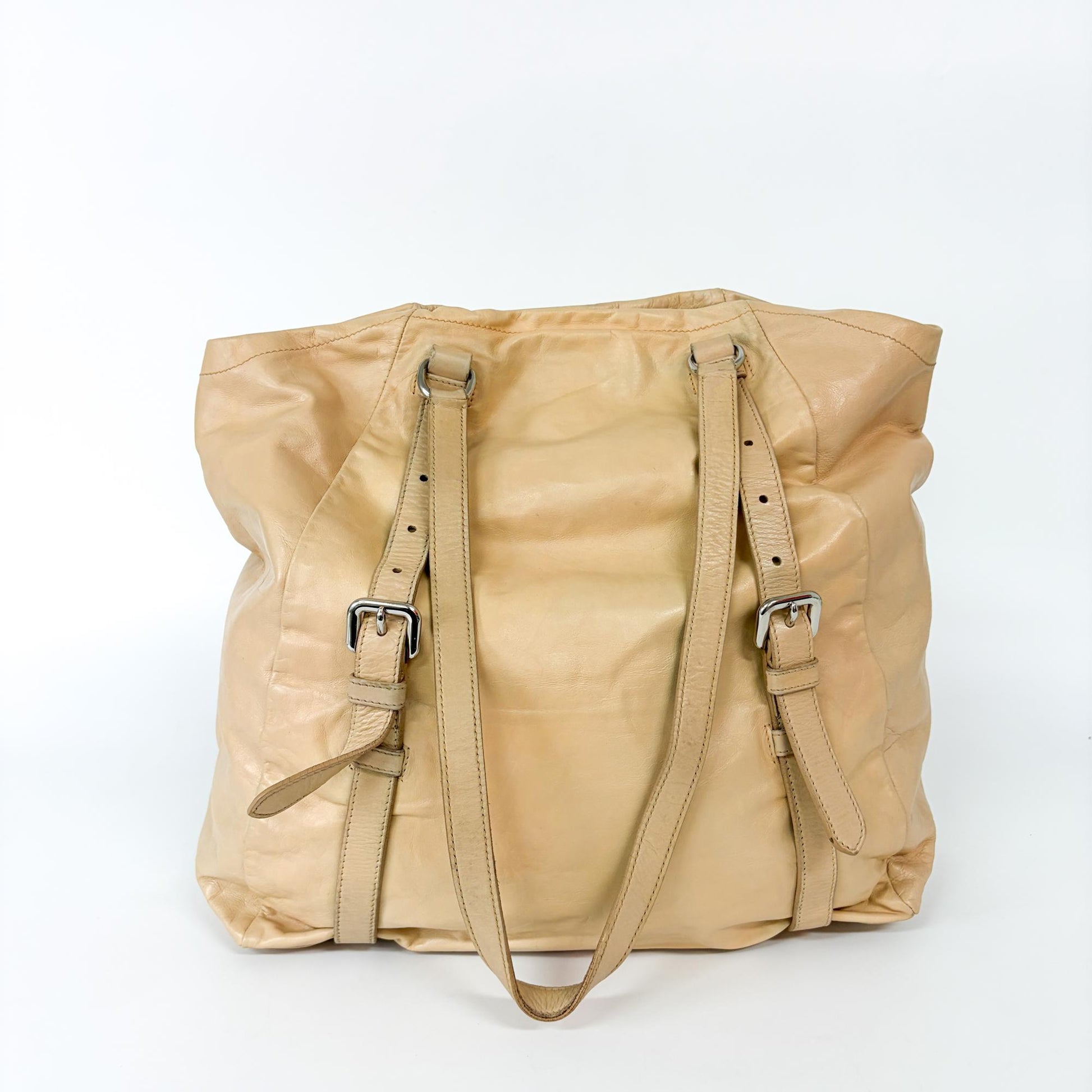 Prada Convertible Belted Side Pocket Tote Vitello Daino Leather, Beige, Calfskin, Tote Bag