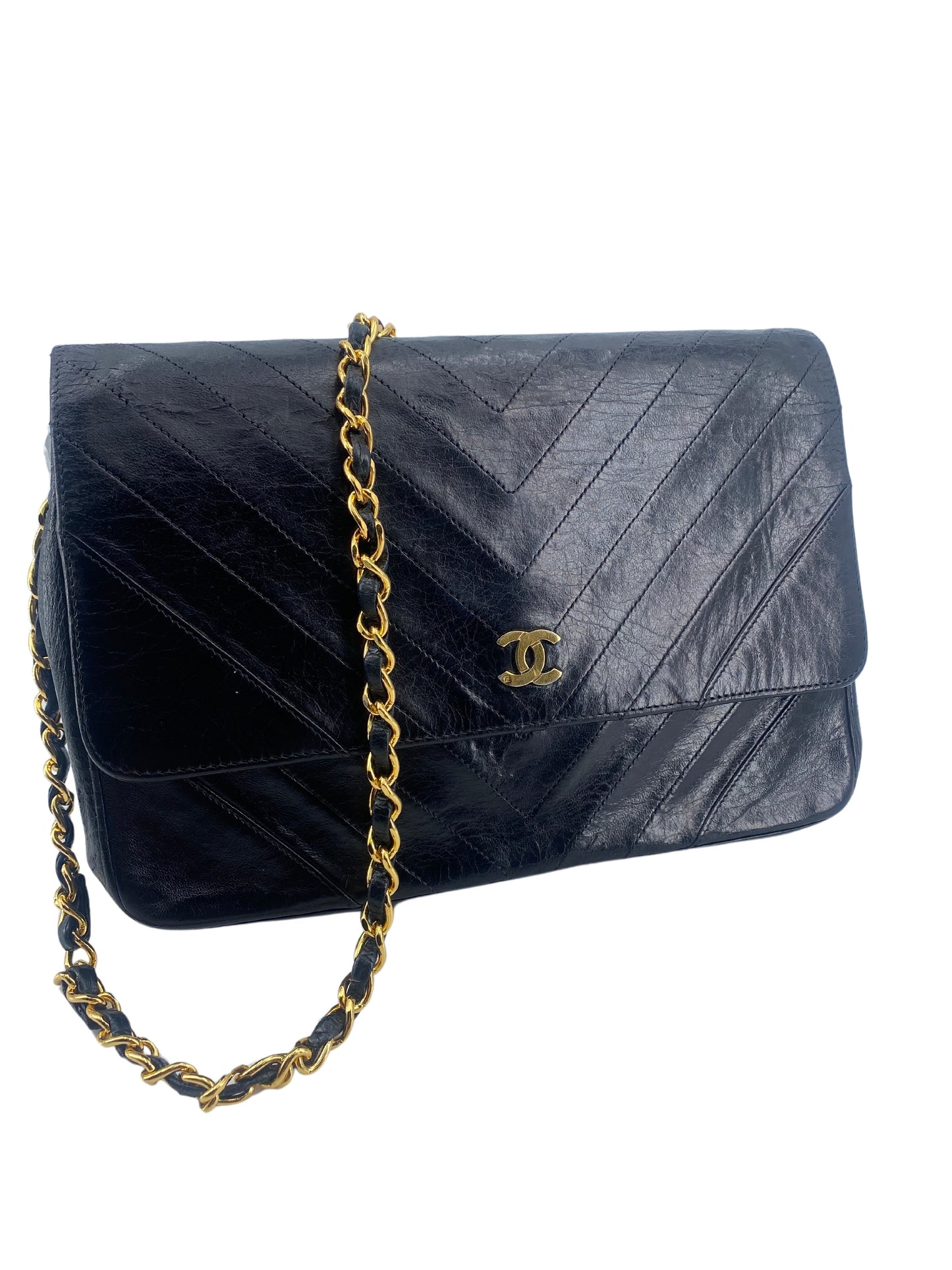 Chanel V-Stich, Black, Leather, shoulder
