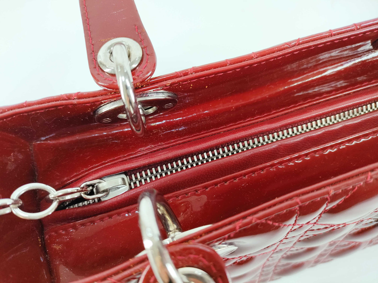 Christian Dior Lady Dior Patent, Red, Patent Leather, Handbag
