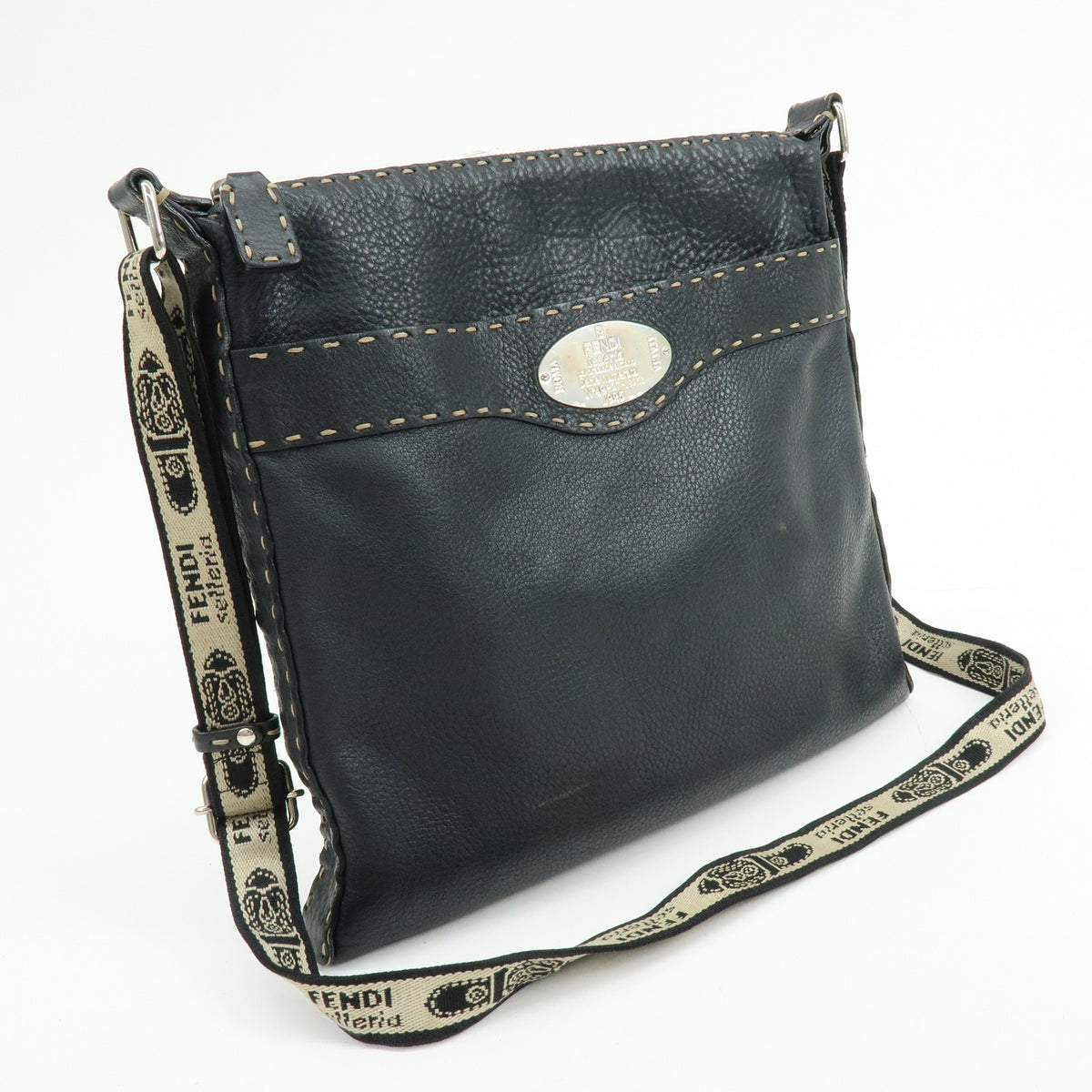 Fendi Vintage Selleria Zip Messenger Leather, Black, Leather, Handbag