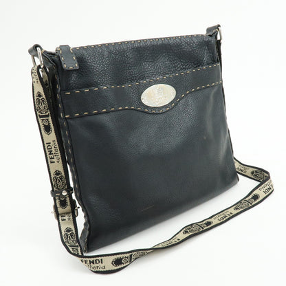 Fendi Vintage Selleria Zip Messenger Leather, Black, Leather, Handbag