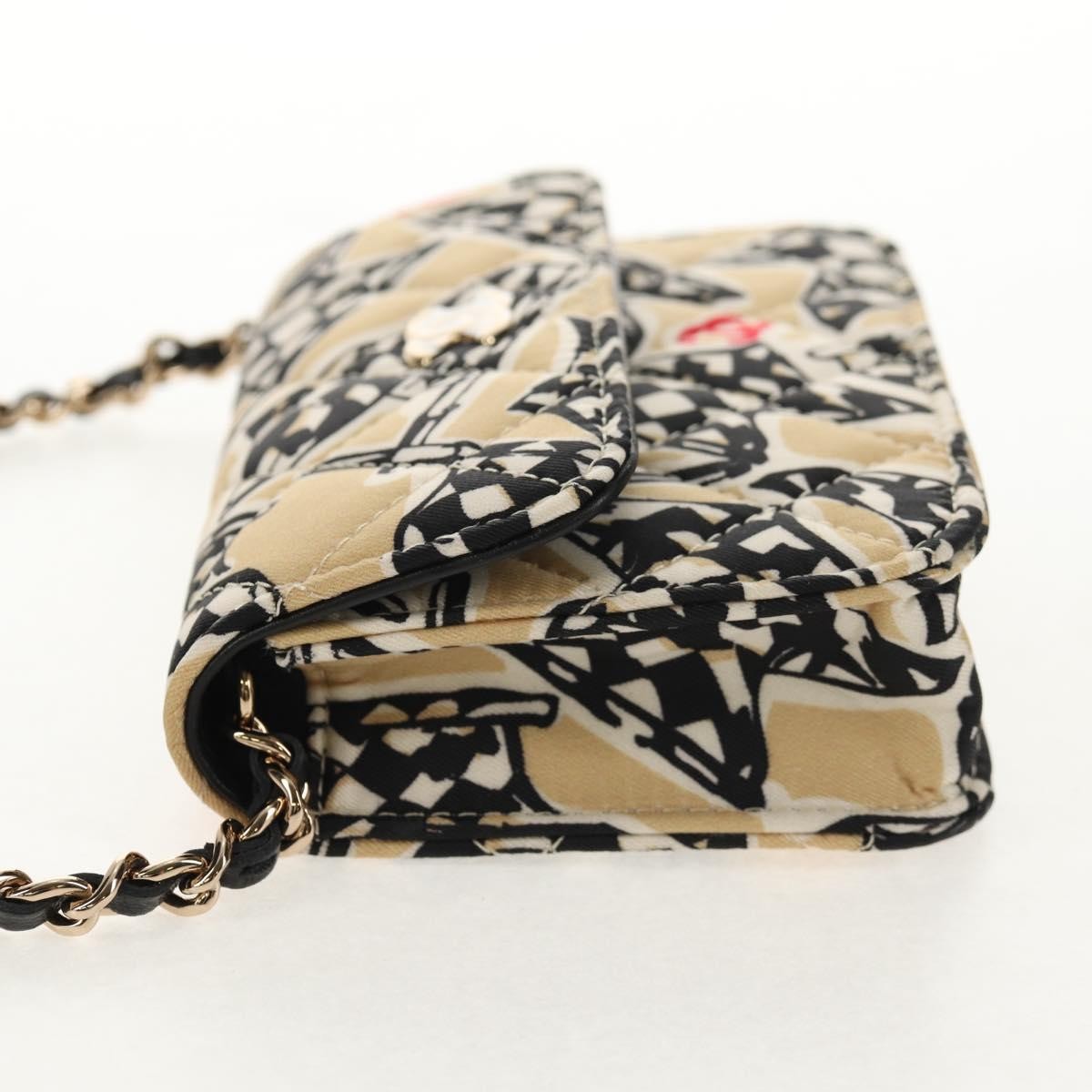 Chanel Flap Card Holder on Chain Quilted Printed Canvas, Beige, Satin, Shoulder Bag