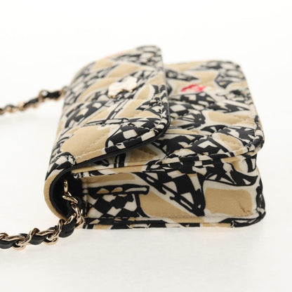 Chanel Flap Card Holder on Chain Quilted Printed Canvas, Beige, Satin, Shoulder Bag