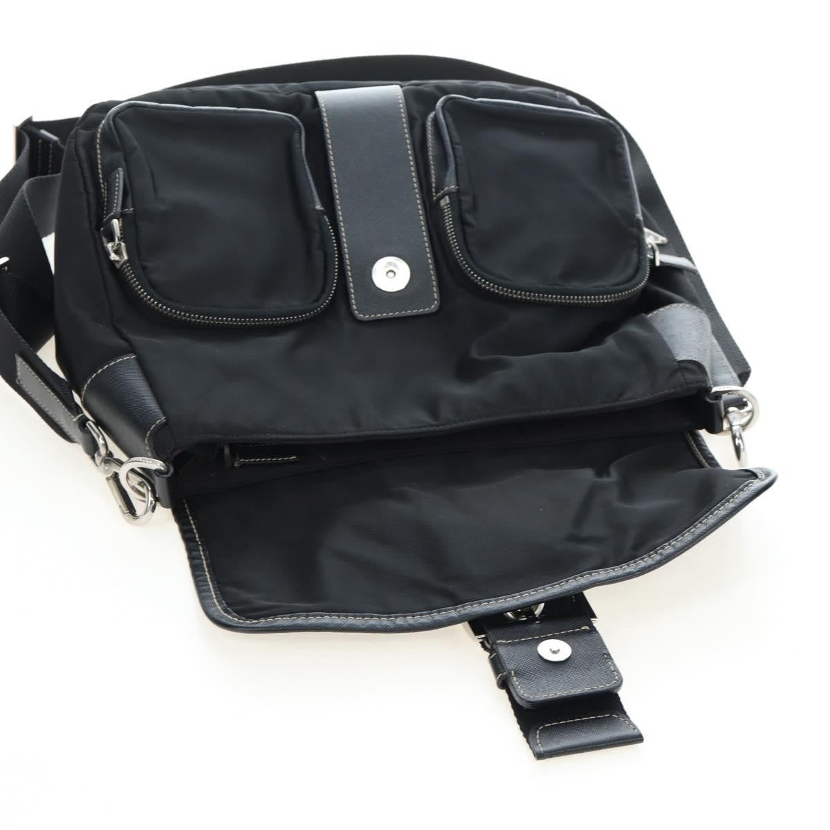 Prada Double Pocket Buckle Flap Tessuto and Leather, Black, Nylon, Handbag