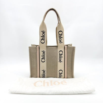 Chloe Woody Canvas with Leather, Beige, Canvas, Tote Bag